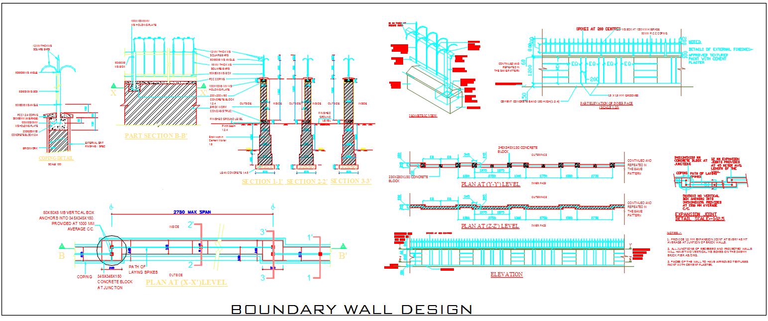 Boundary Wall Design DWG with R.C.C. & Brickwork